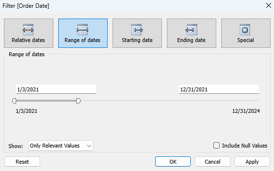 A date filter dialog that allows you to filter by date range, start date, end date, or special date filters.